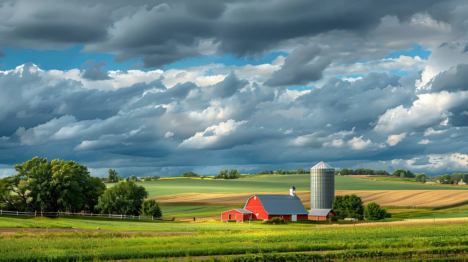 Rolling farmland under dramatic summer sky — free download from Dotvec