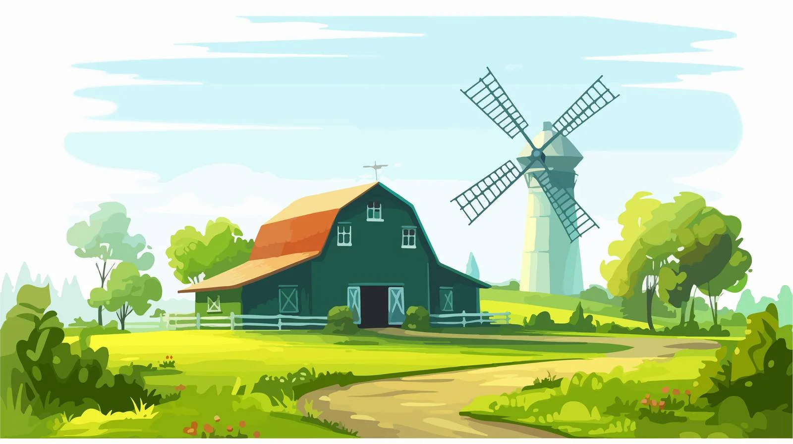 Rural farm scene with barn and windmill — free download from Dotvec