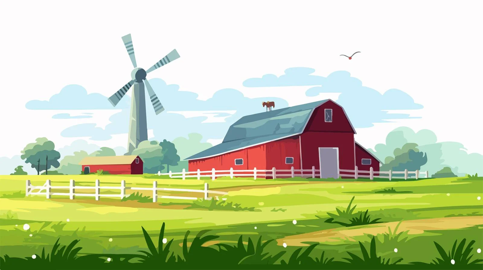 Rural Farm Scene with Barn, Windmill, Silage — free download from Dotvec