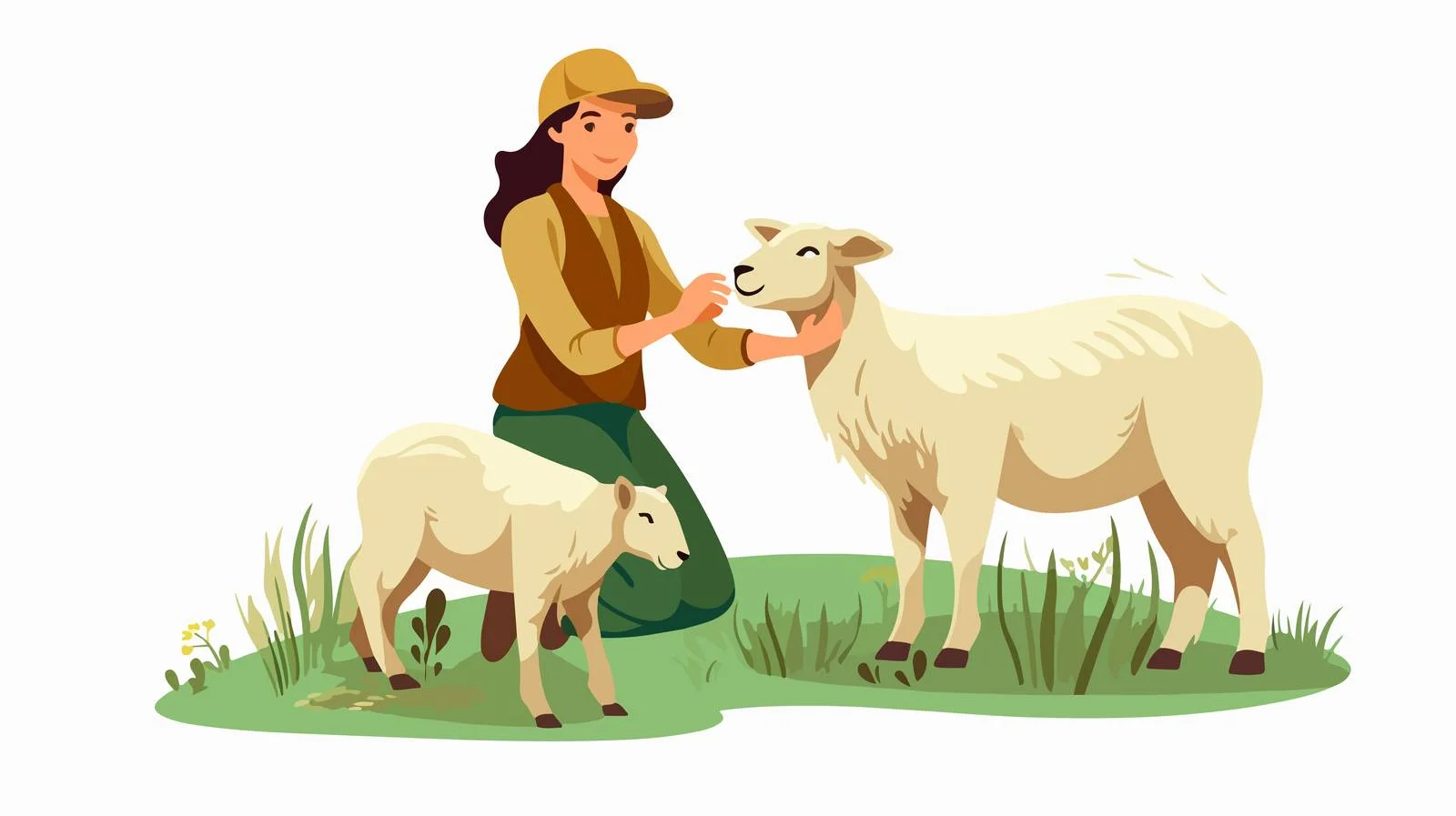 Woman feeding lamb and sheep on lush grass field — free download from Dotvec