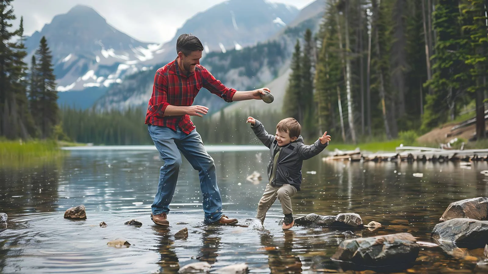 Family joy as son skims rock on alpine lake — free download from Dotvec