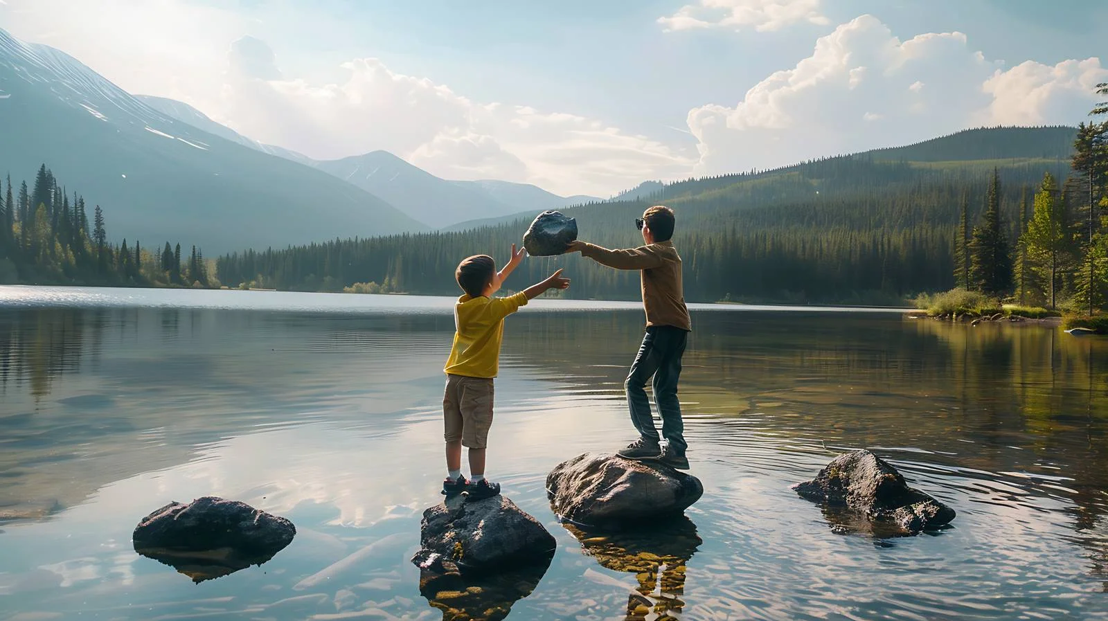 Father Encourages Son Skipping Rock at Alpine Lake — free download from Dotvec