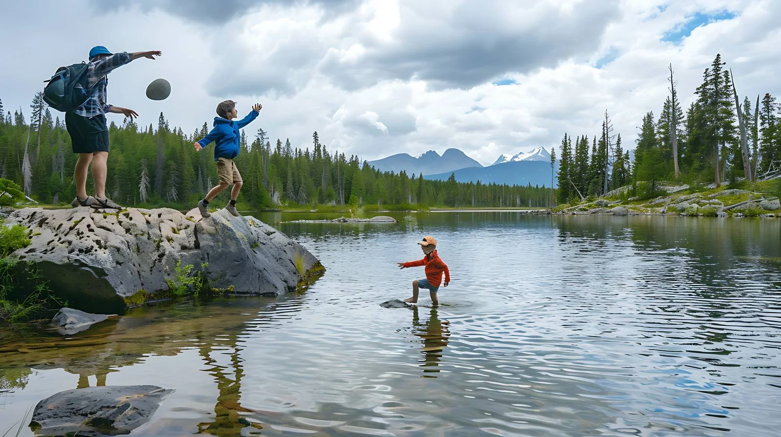 Father encourages son skipping rocks on alpine lake — free download from Dotvec