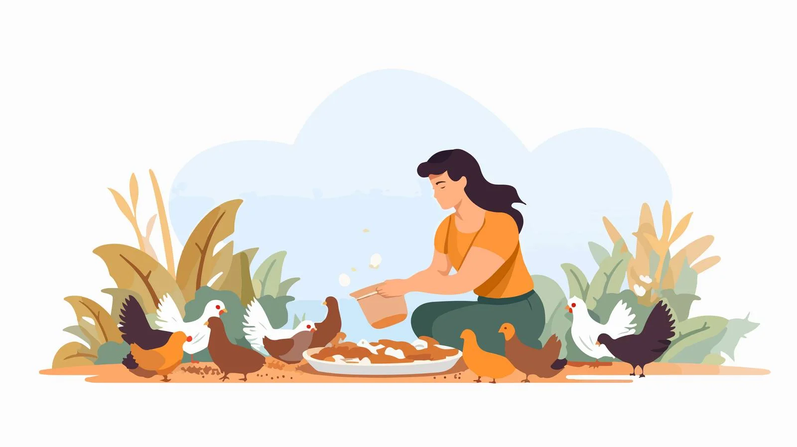 Woman feeding poultry with corn grains — free download from Dotvec