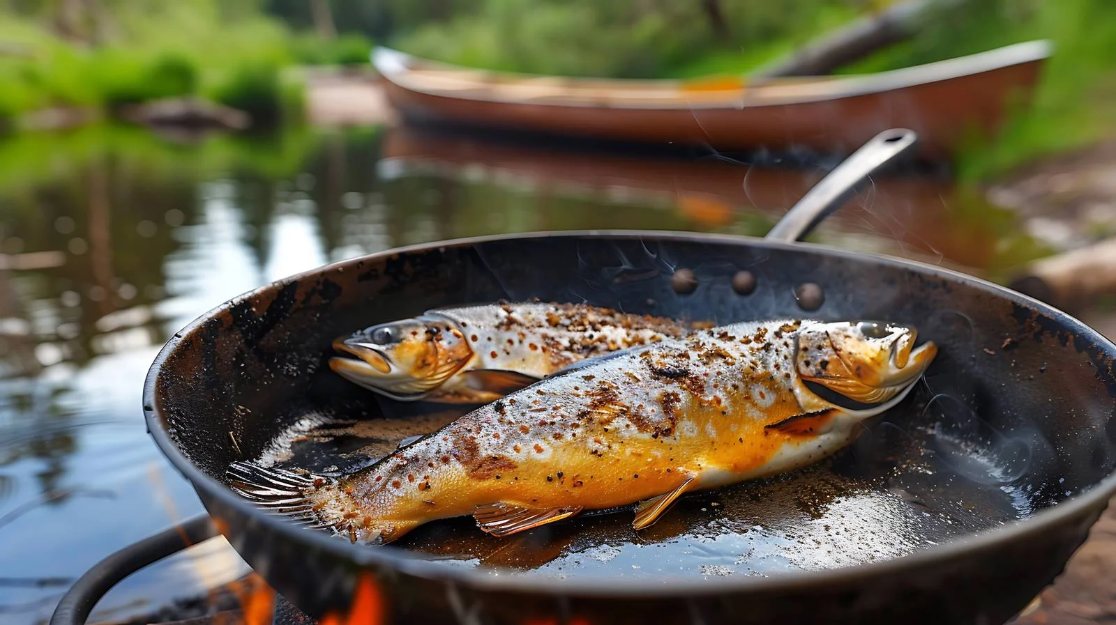 Cooking Fish Outdoors in Frying Pan by Canoe — free download from Dotvec