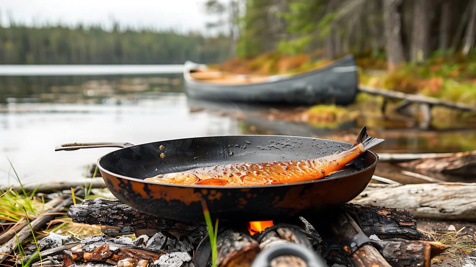 Riverside fish cooking on open fire — free download from Dotvec