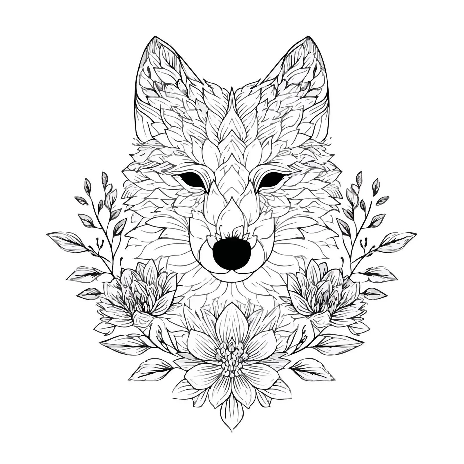 Monochrome Floral Wolf Line Art — free download from Dotvec