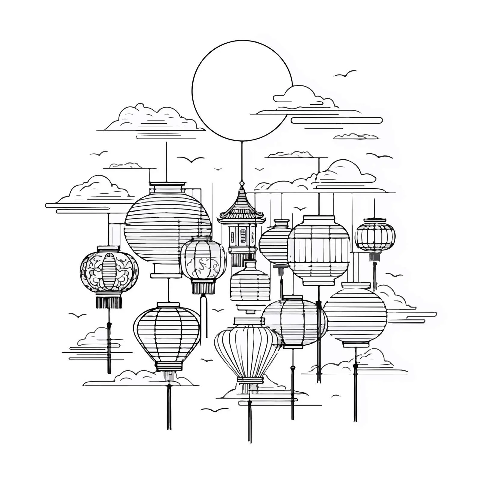 Lantern Festival Line Art — free download from Dotvec