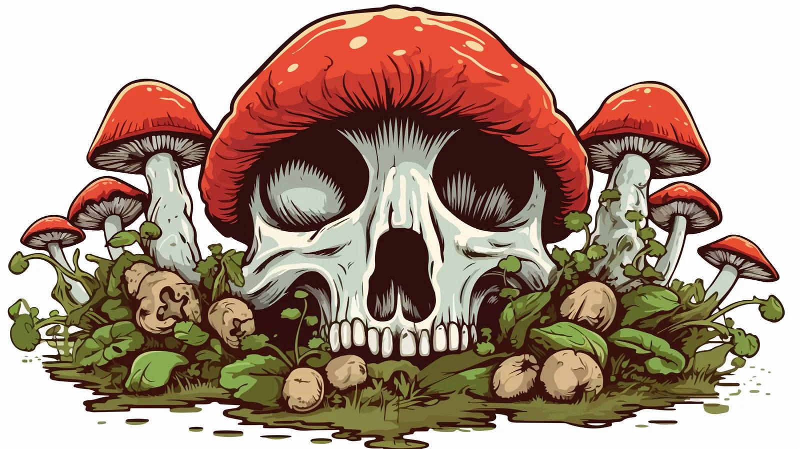 Skull with Mushrooms Vector Illustration — free download from Dotvec