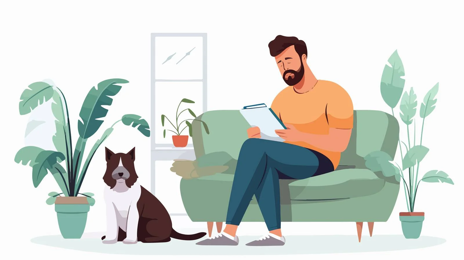 Man and dog using tablet on sofa — free download from Dotvec