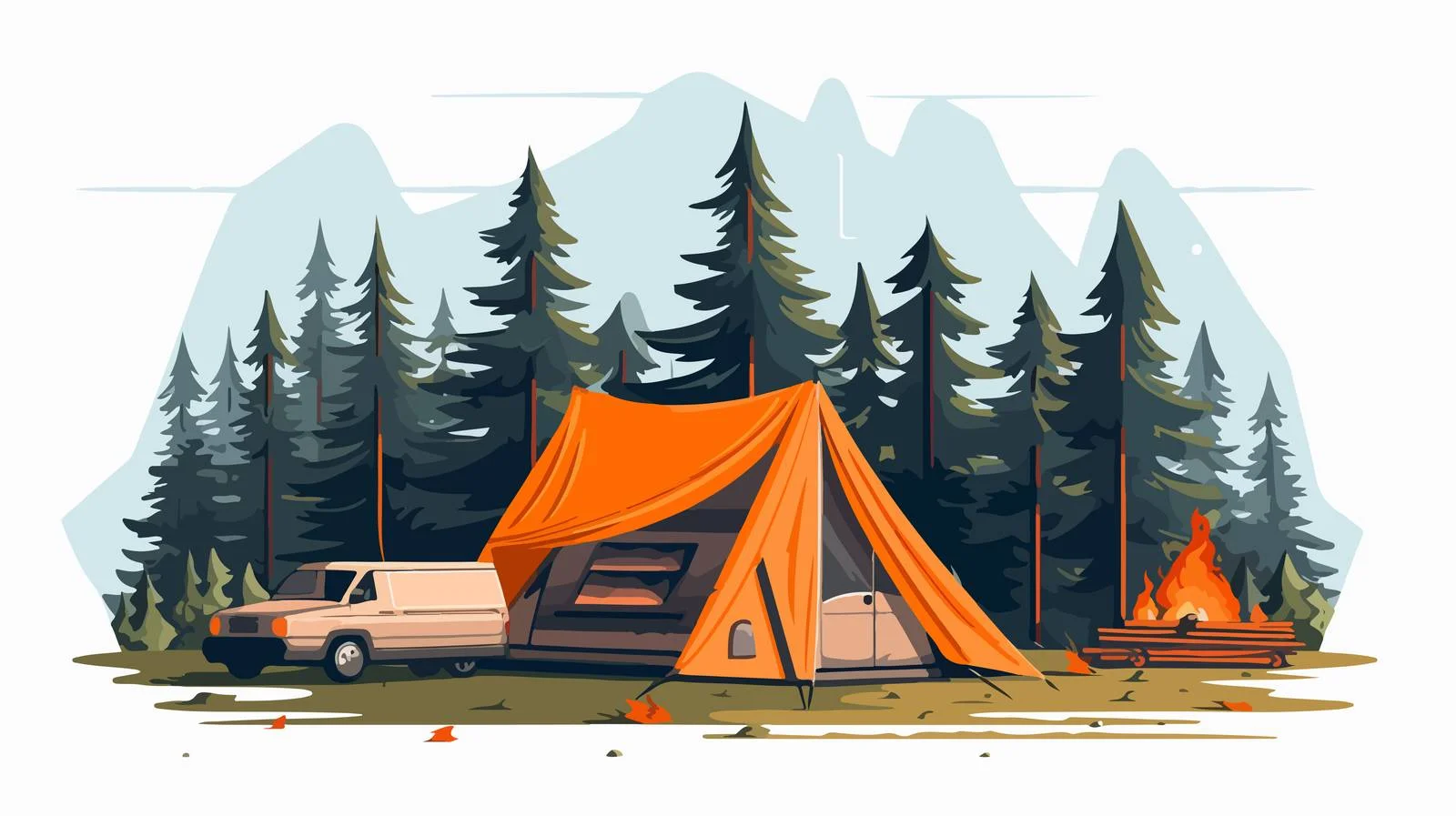 Scenic woodland campsite with tent and campfire — free download from Dotvec
