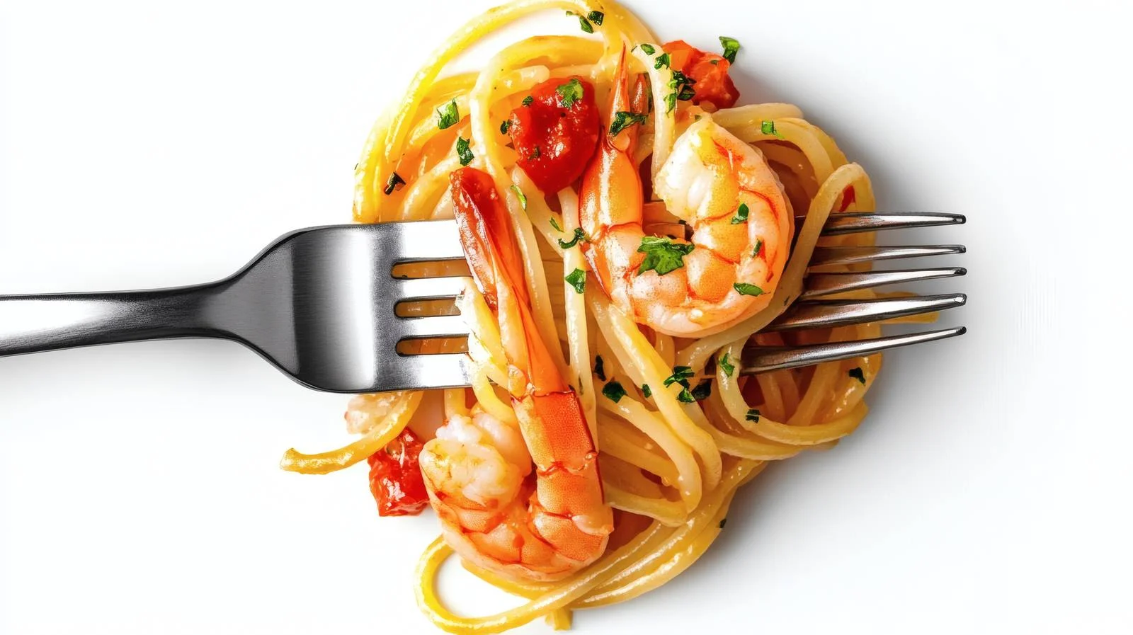 Cooked shrimp and pasta on fork, isolated — free download from Dotvec