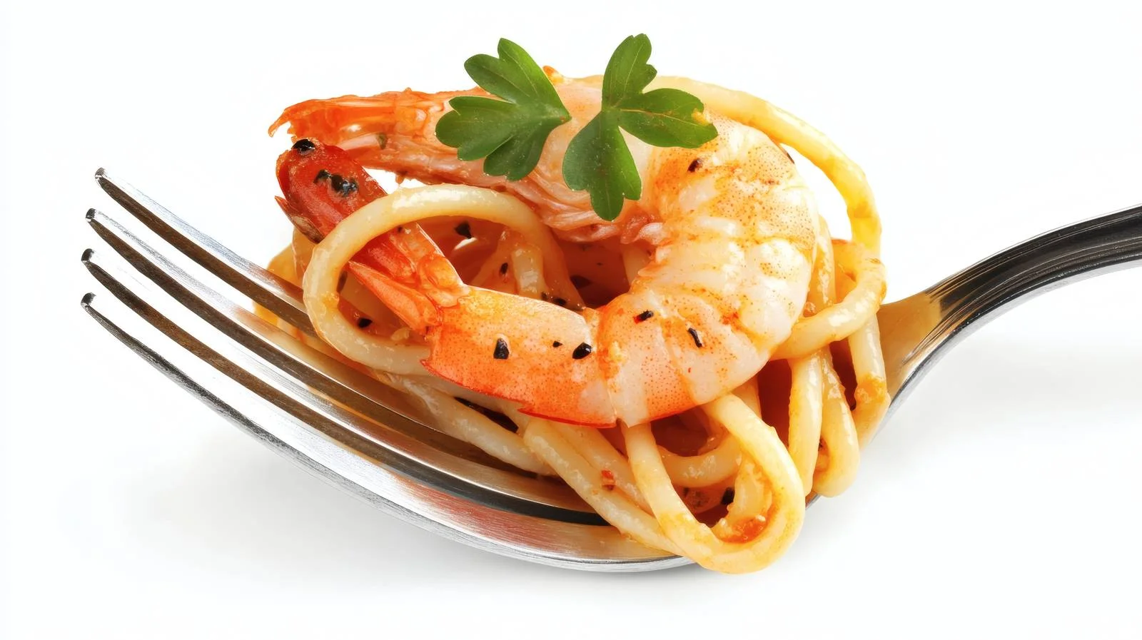 Gourmet fork with pasta and shrimp on white — free download from Dotvec