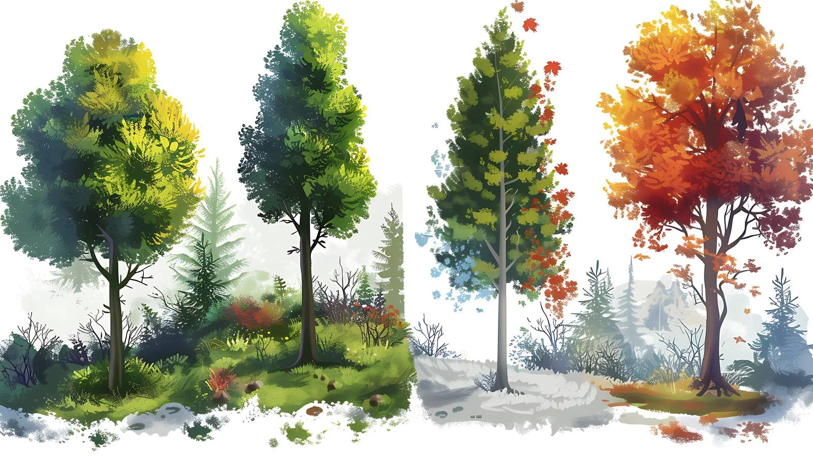 Seasonal cycle in forest on white background — free download from Dotvec