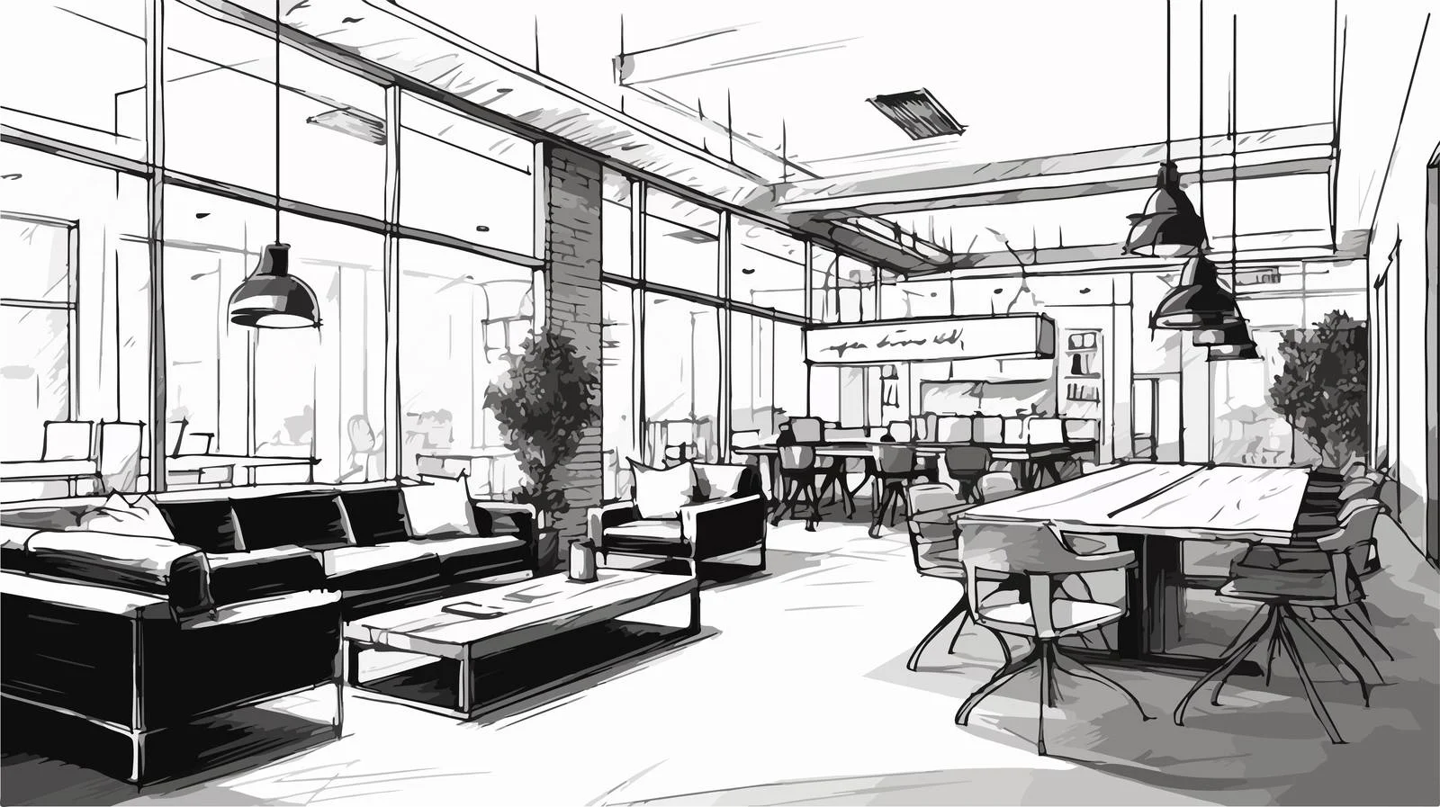 Conceptual sketch of shared office workspace — free download from Dotvec