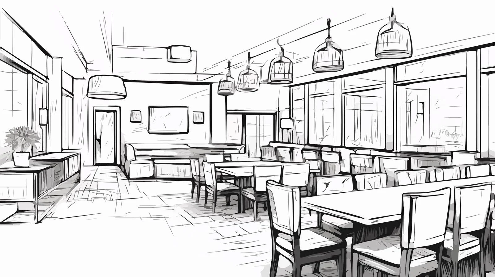 Hand-drawn depiction of stylish restaurant interior — free download from Dotvec