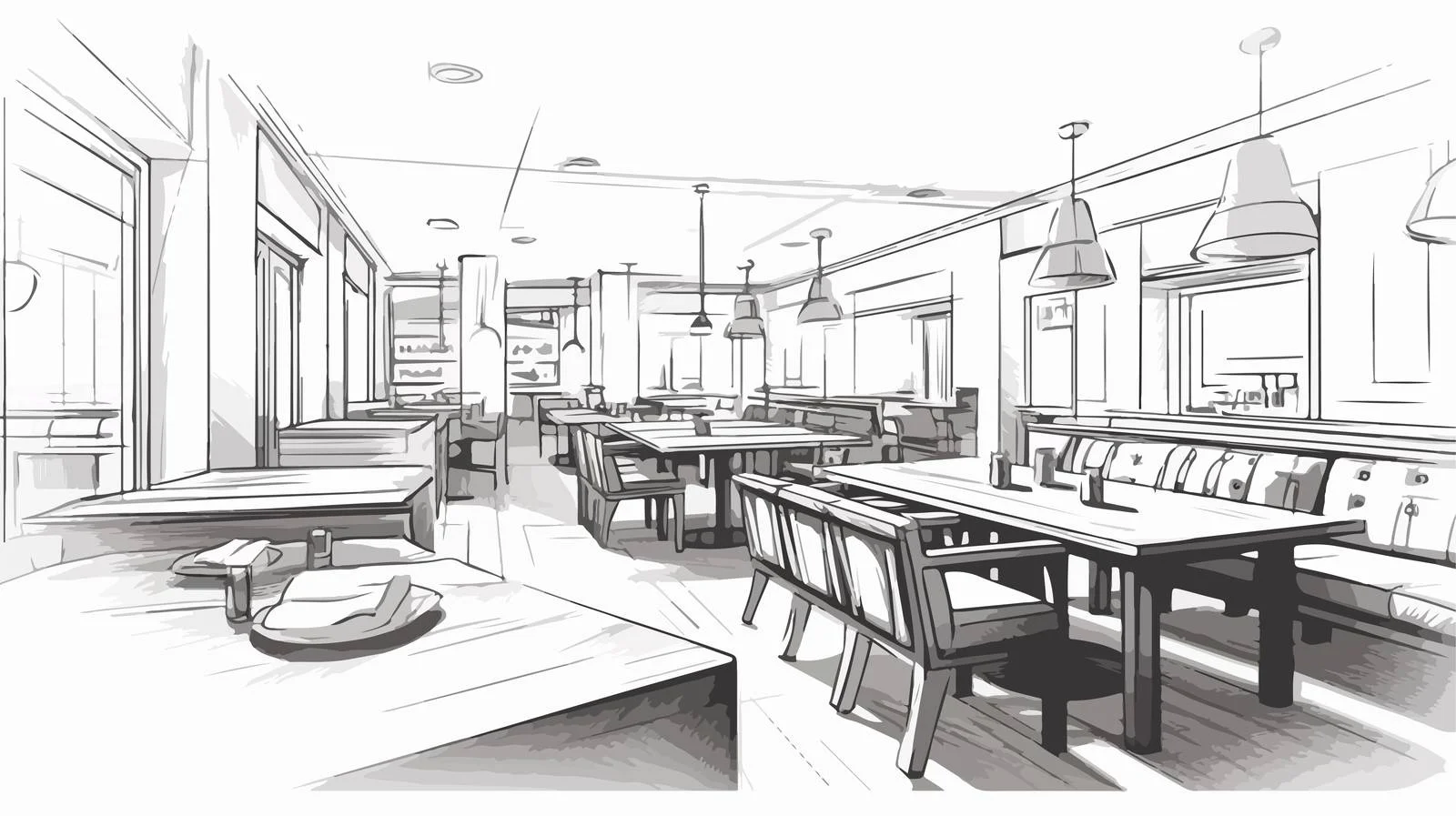 Hand-drawn Fancy Restaurant Interior Design Sketch — free download from Dotvec