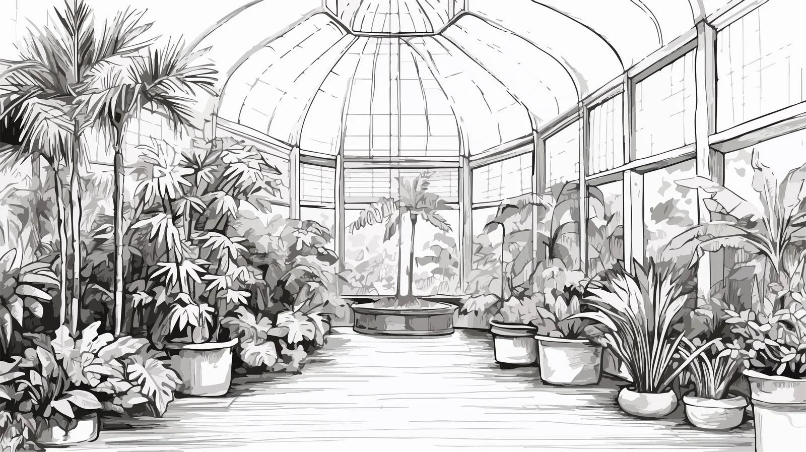 Hand-drawn Tropical Botanical Garden Interior — free download from Dotvec