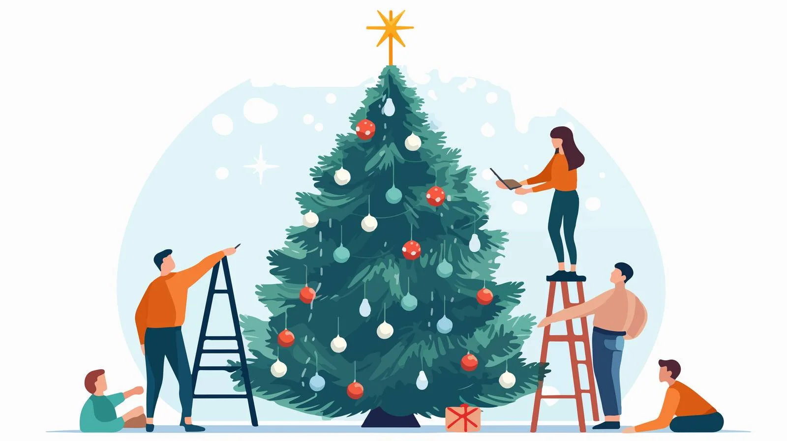 Festive Friends Trim Christmas Tree Together — free download from Dotvec