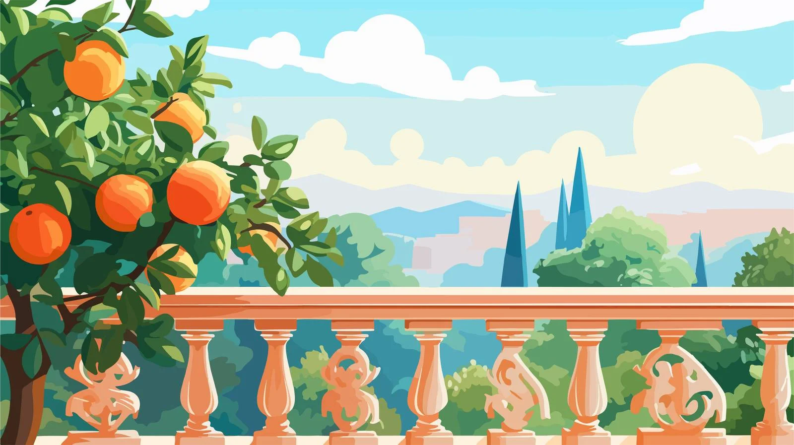 Sunny summer day with fruit tree behind balustrade — free download from Dotvec