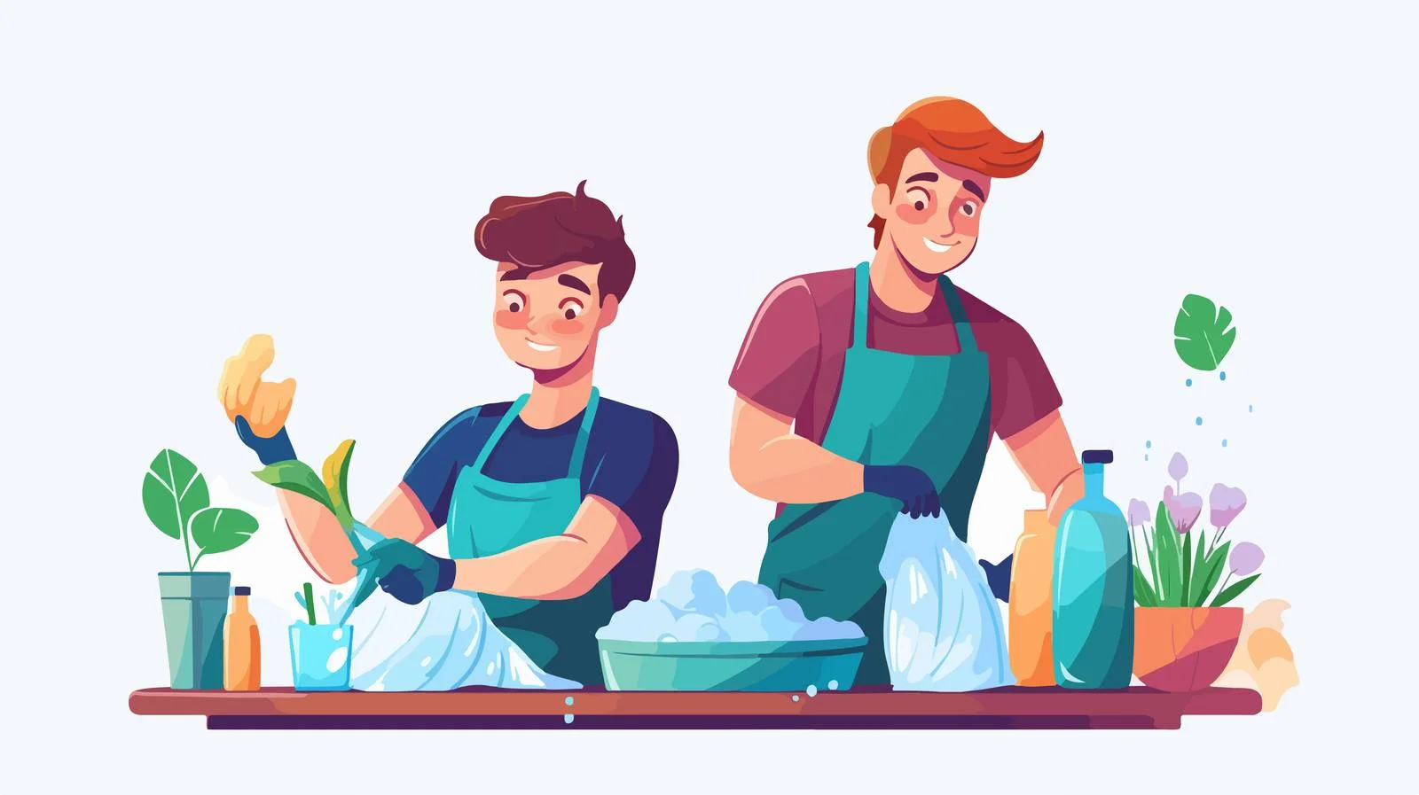 Cheerful couple cleaning home in cartoon style — free download from Dotvec