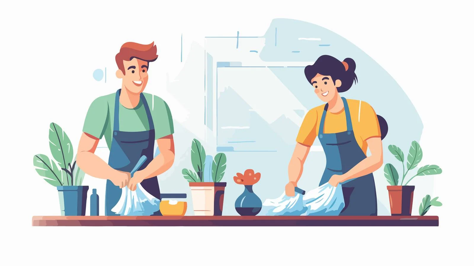 Playful couple tidying home together illustration — free download from Dotvec