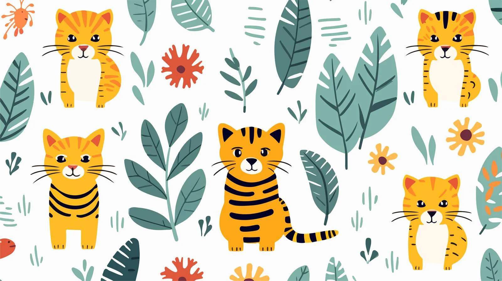 Whimsical cat among exotic foliage seamless design — free download from Dotvec