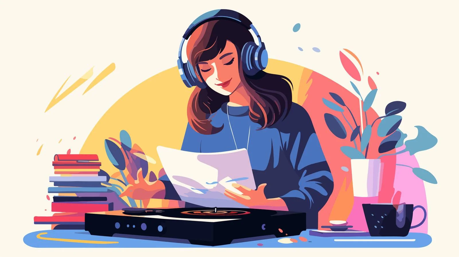 Cheerful woman placing vinyl records on player — free download from Dotvec