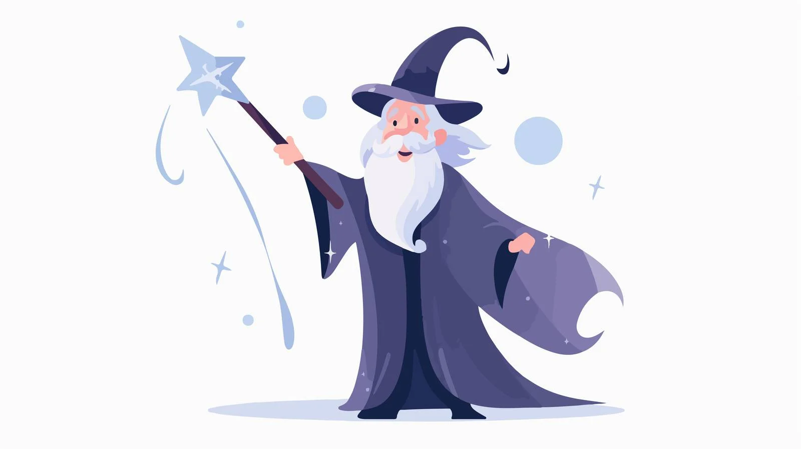 Whimsical gray-haired sorcerer holding magic staff – free witchery image from Dotvec