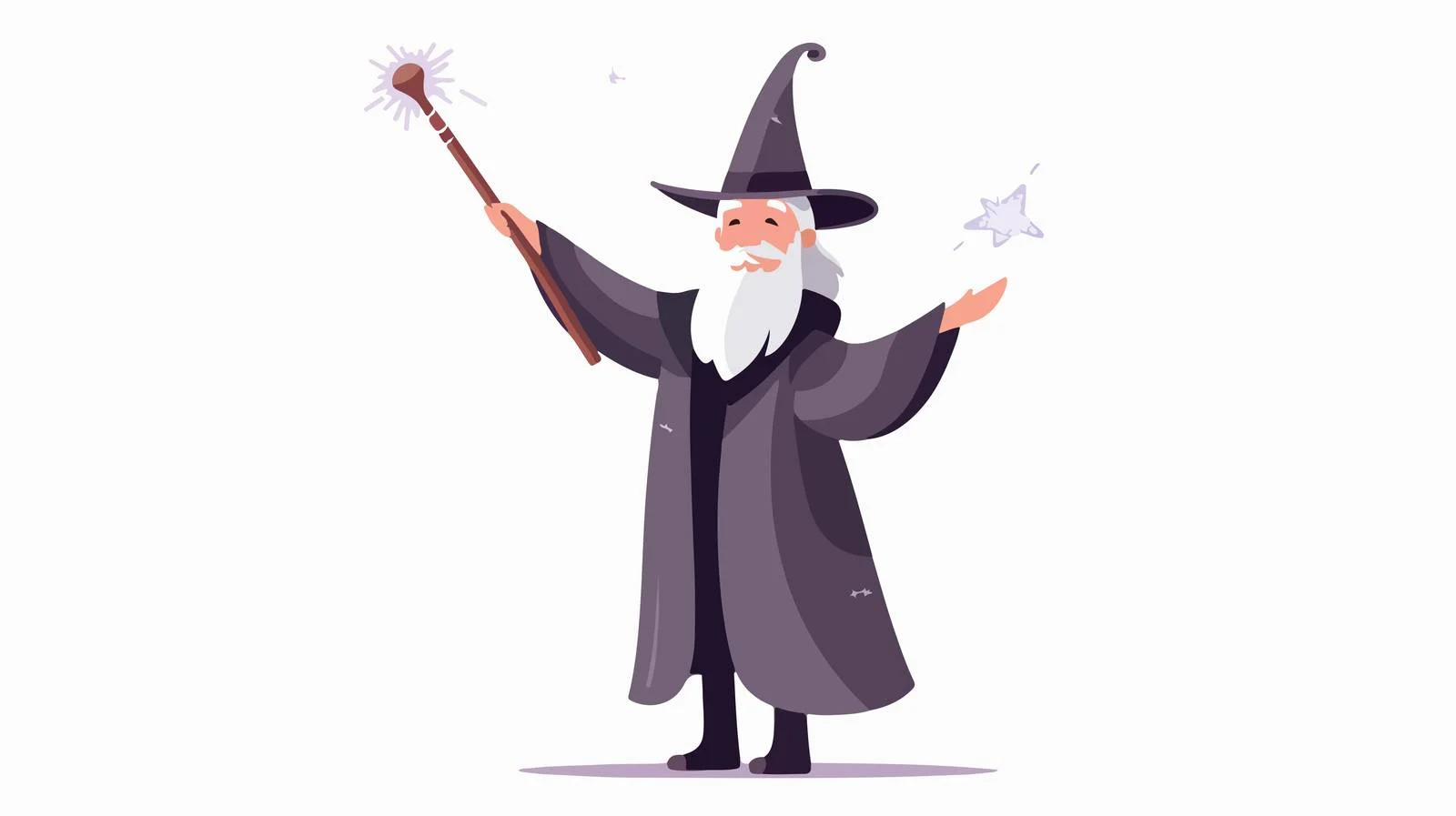 Mirthful gray wizard brandishing sorcery cane — free download from Dotvec