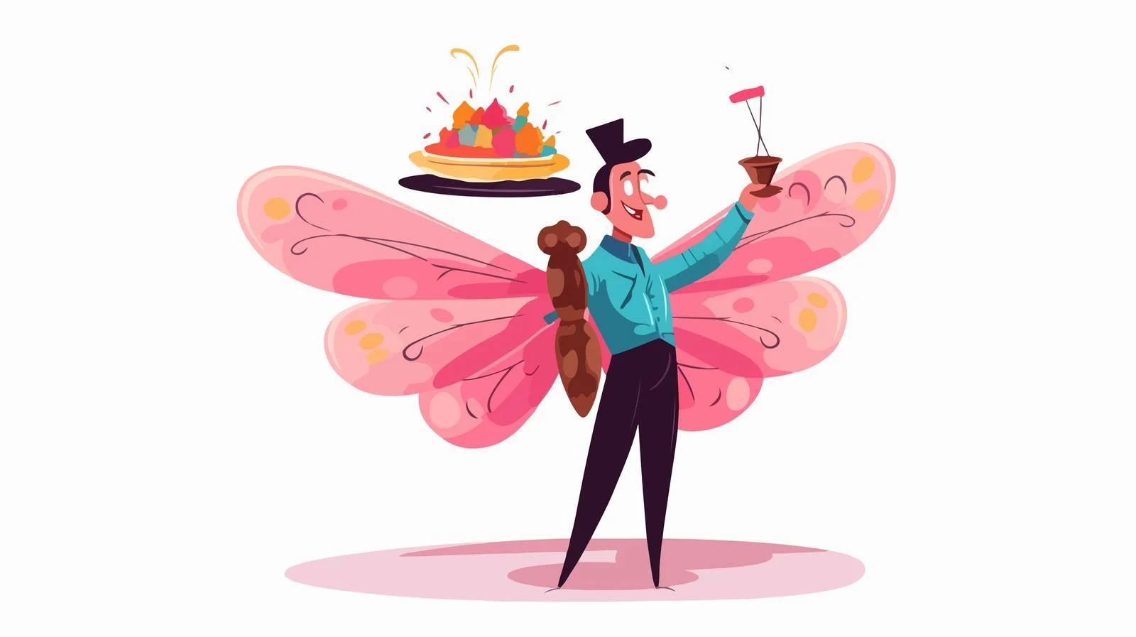 Playful Man in Dragonfly Outfit Holding Dessert — free download from Dotvec