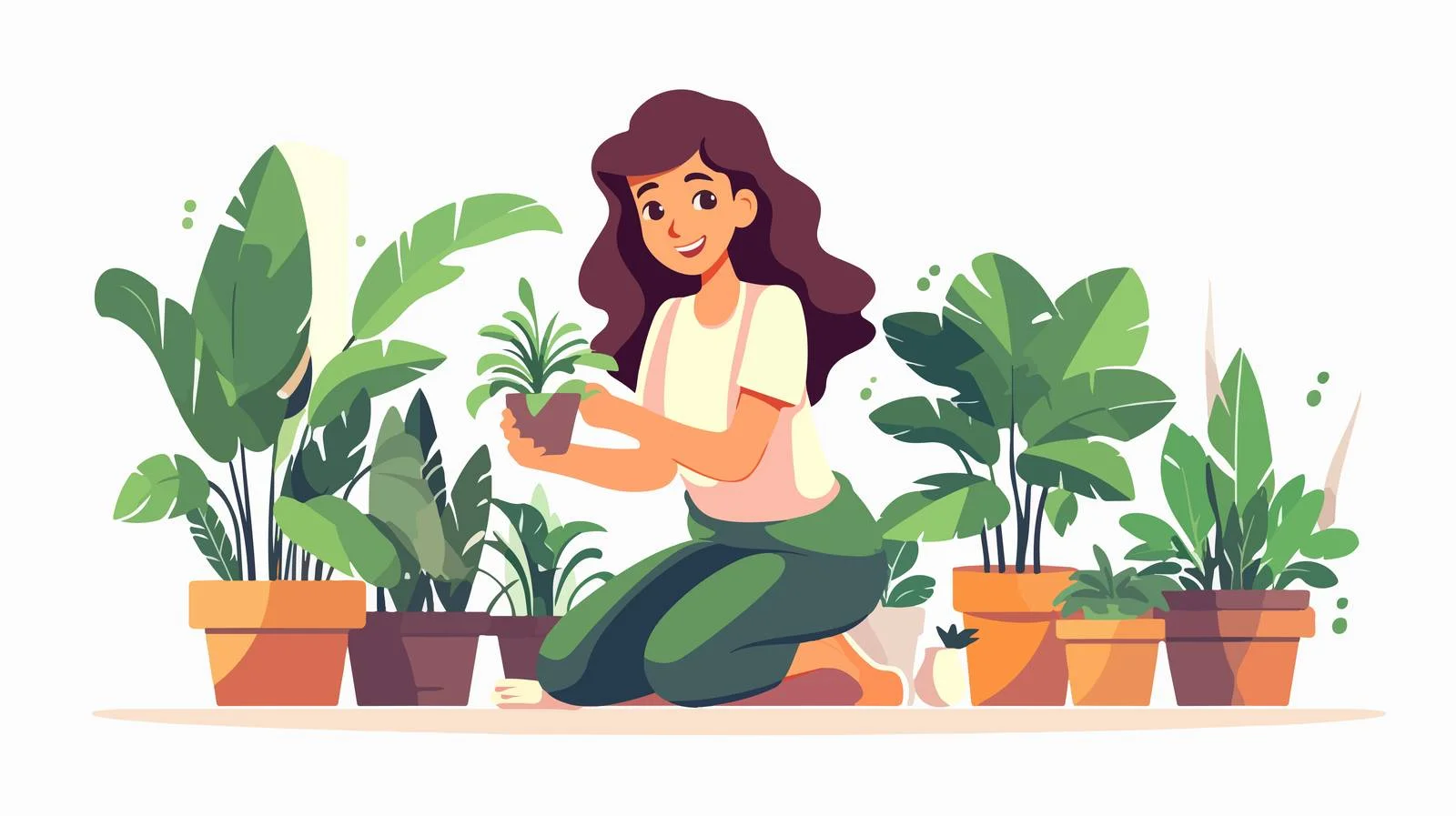 Cheerful young woman tending houseplants indoors — free download from Dotvec