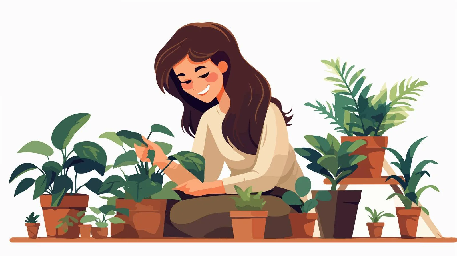 Cheerful girl tending houseplants indoors joyfully — free download from Dotvec