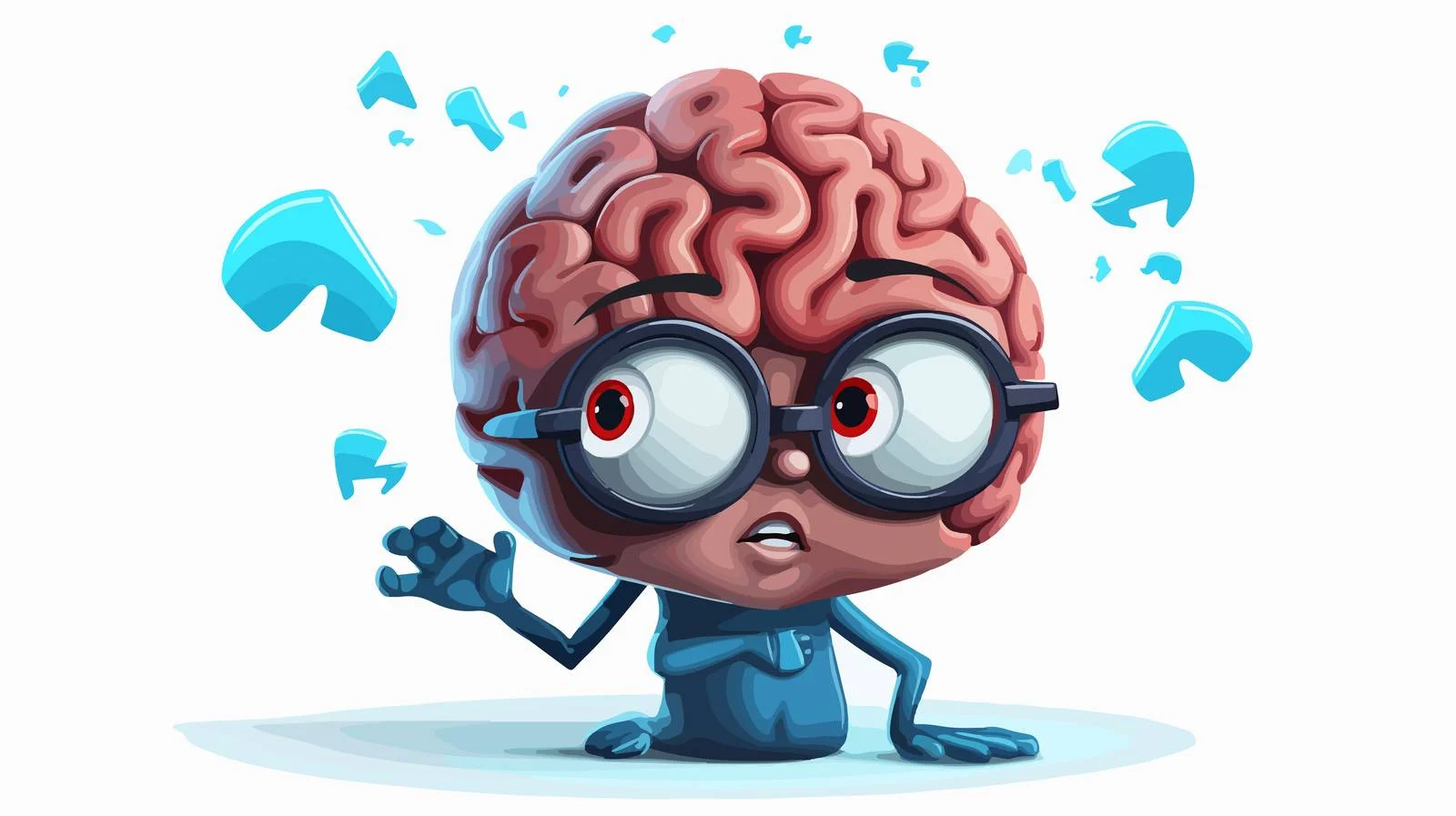 Quirky brain wearing glasses amid questions — free download from Dotvec
