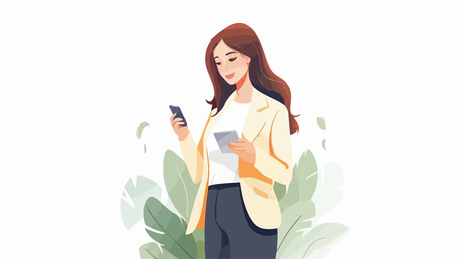 Cheerful woman in business attire texting — free download from Dotvec