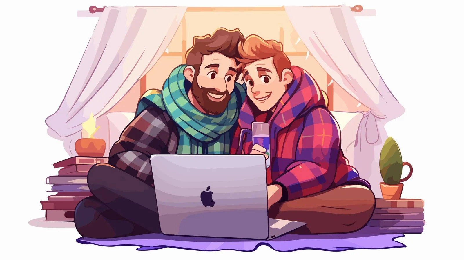 Affectionate gay couple snuggling under plaid — free download from Dotvec
