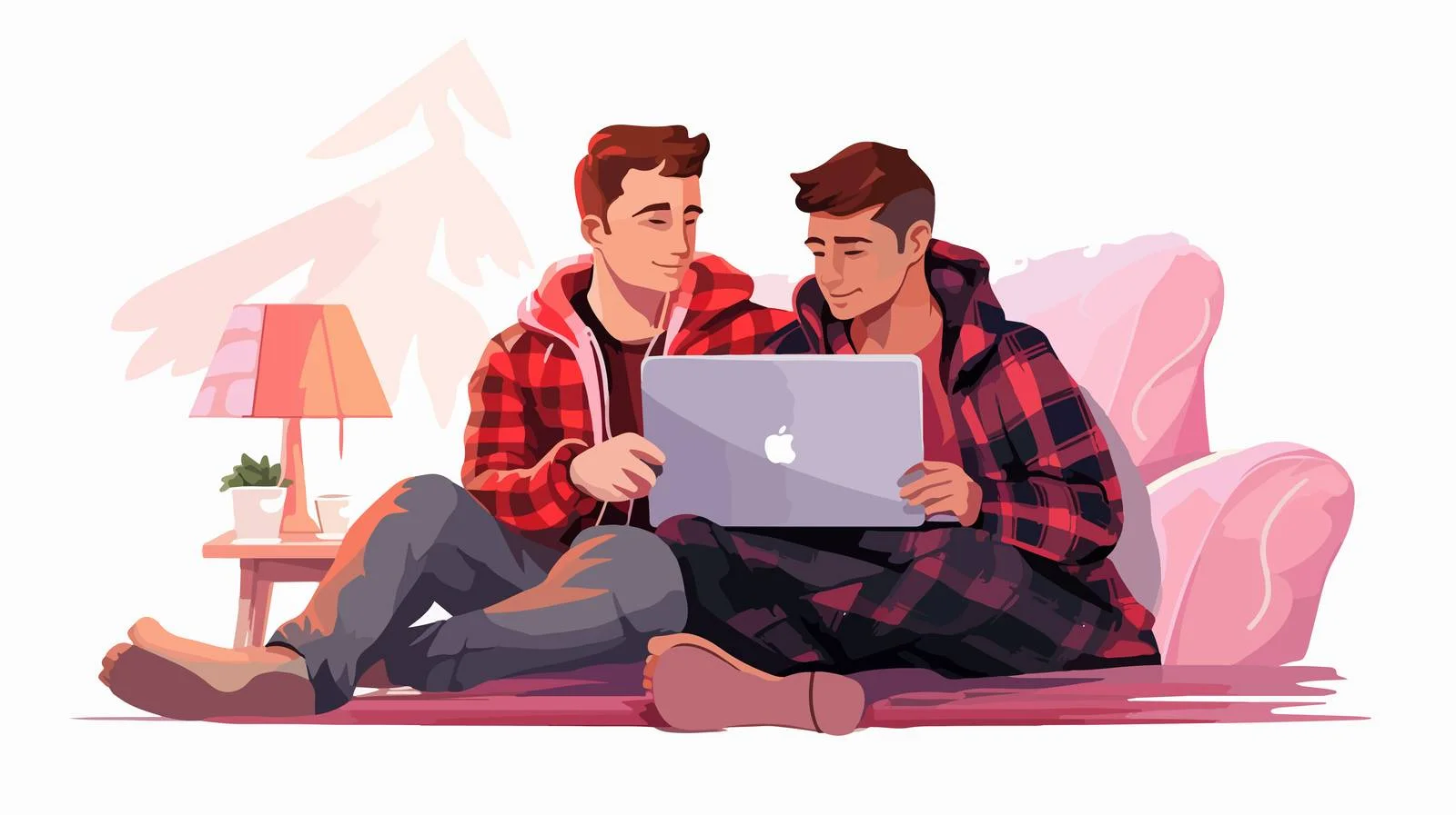 Affectionate Gay Couple Wrapped in Plaid Watching — free download from Dotvec