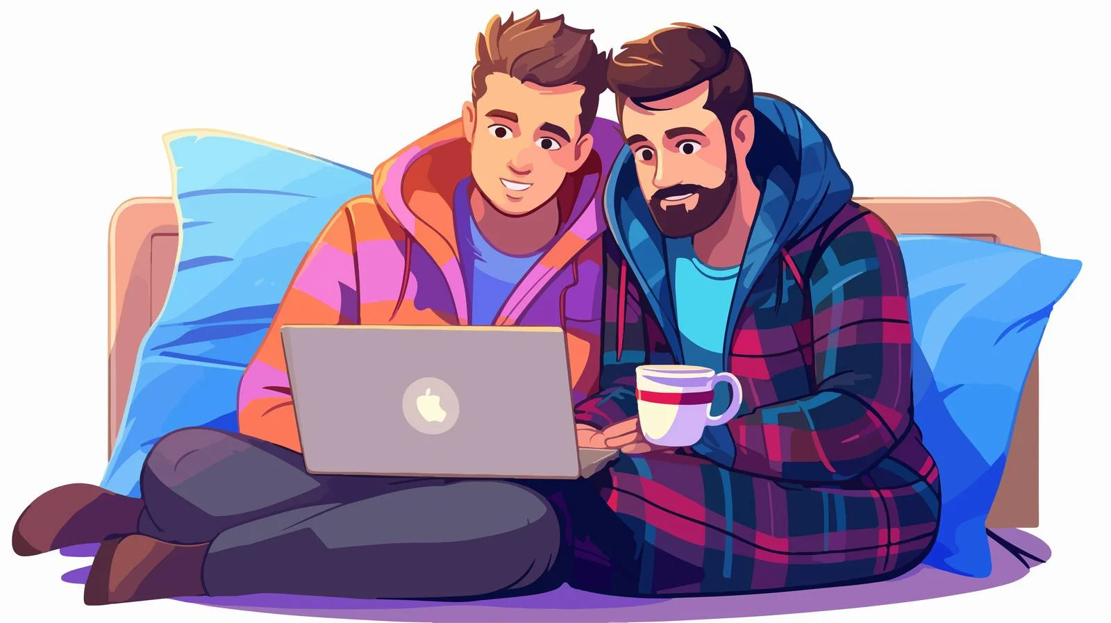Affectionate gay couple wrapped in plaid — free download from Dotvec