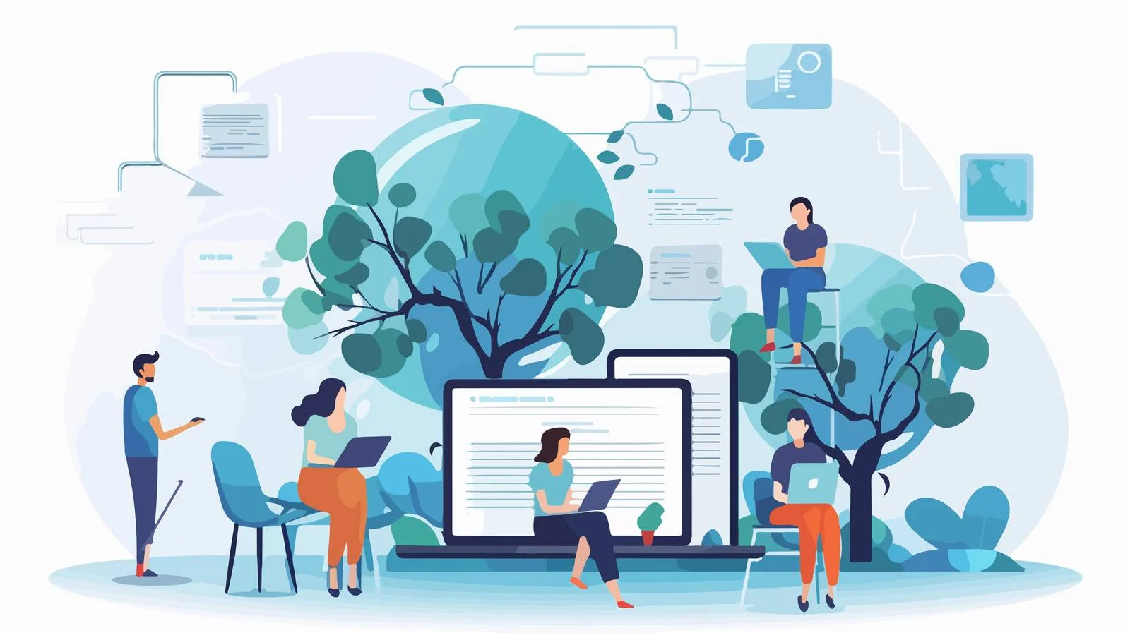 Enormous Computer with Small Male and Female Students — free download from Dotvec