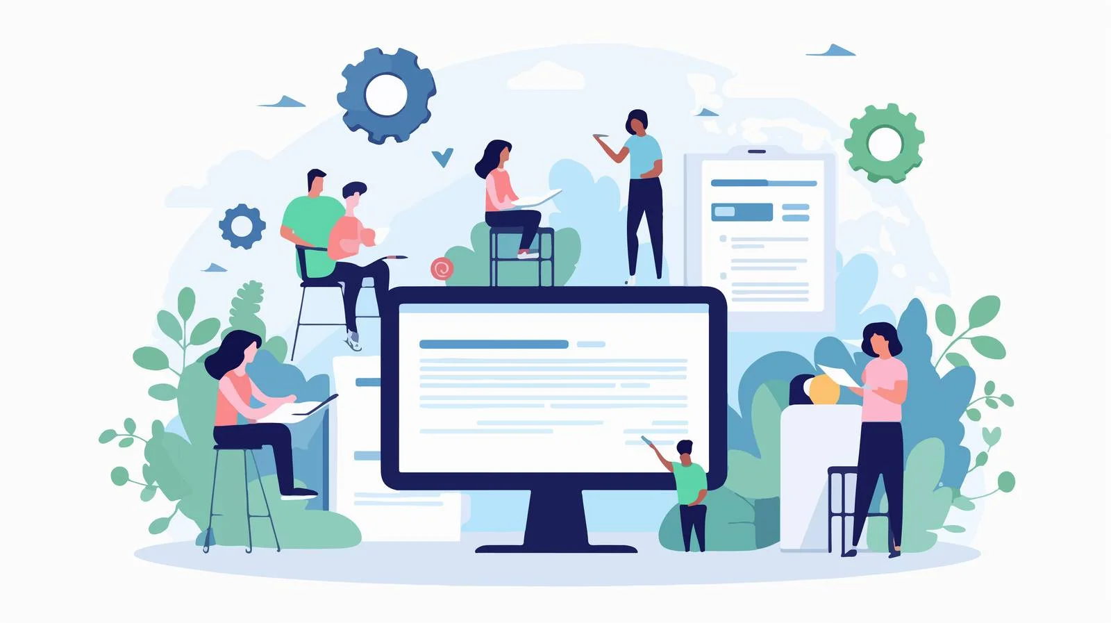 Enormous computer with miniature male and female students — free download from Dotvec