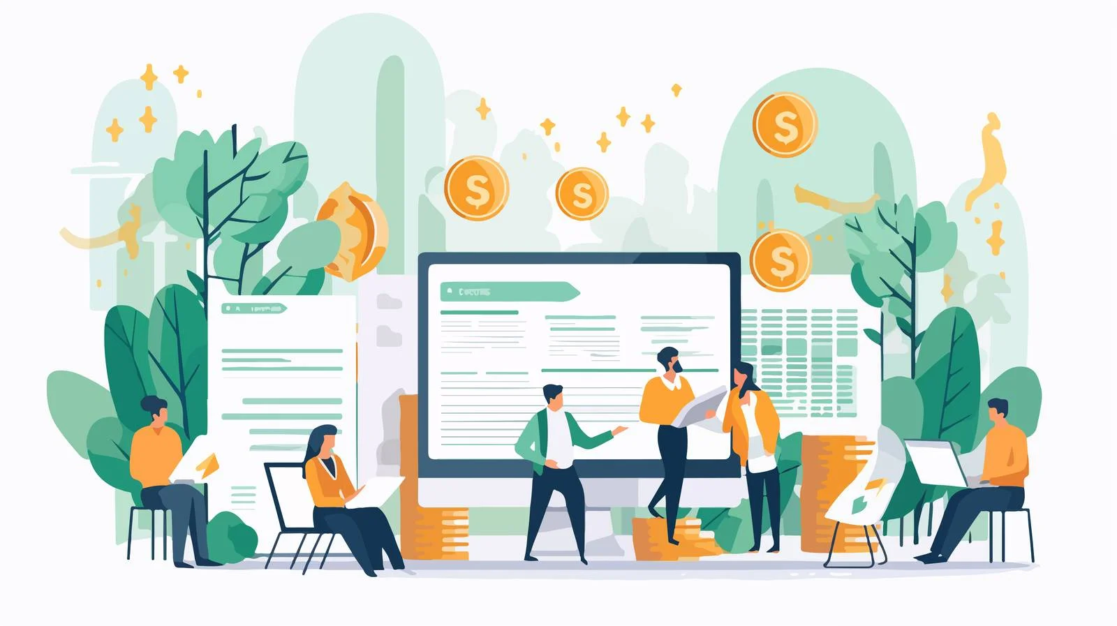 Enormous computer with small taxpayers beside — free download from Dotvec