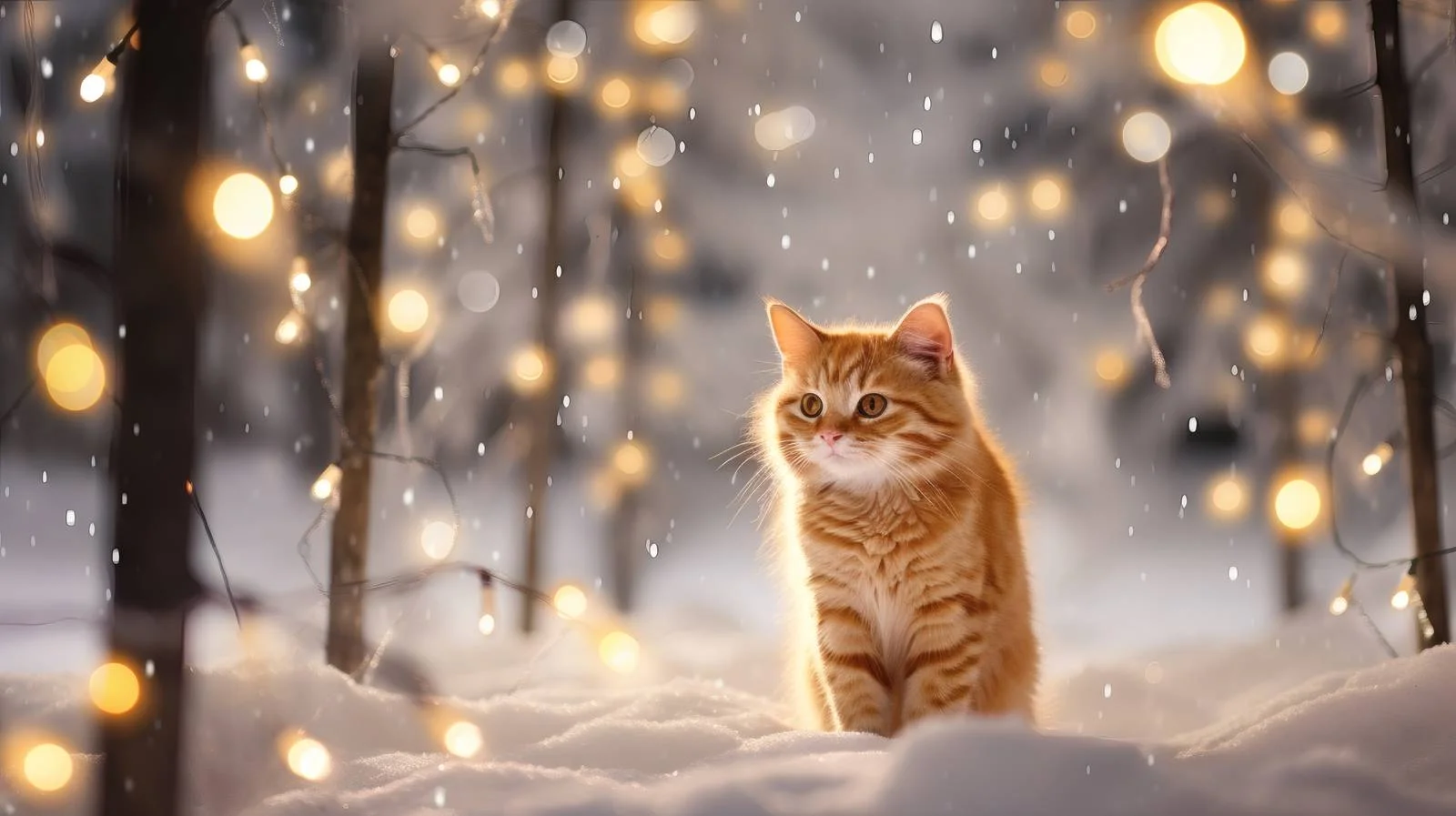 Snow Forest Ginger Cat Christmas Lights — free download from Dotvec