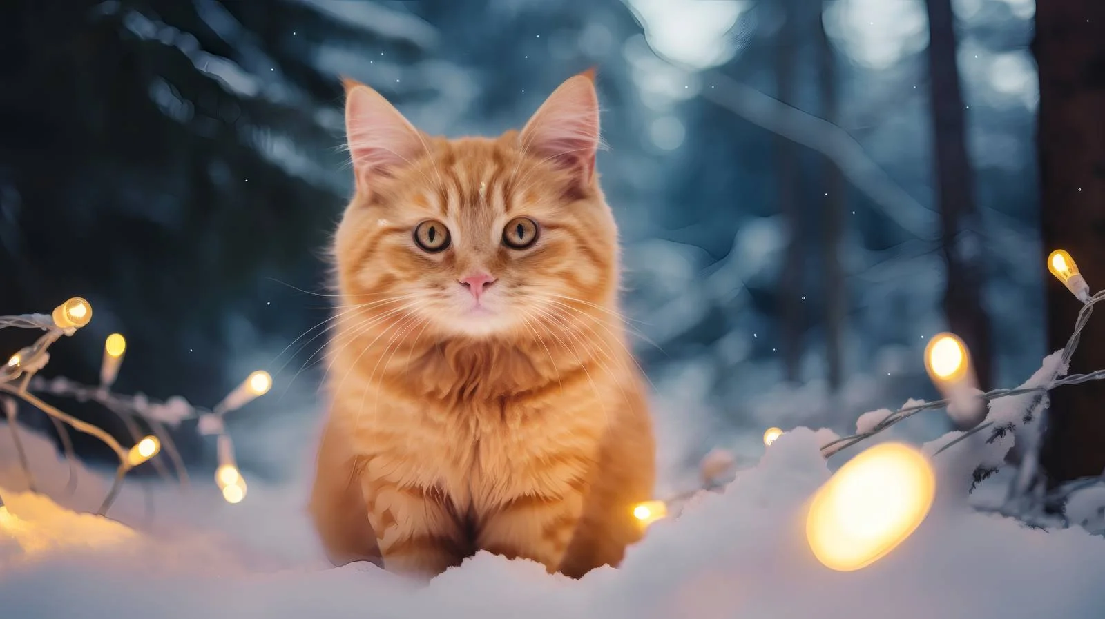 Majestic Ginger Cat in Snowy Forest with Christmas Lights — free download from Dotvec