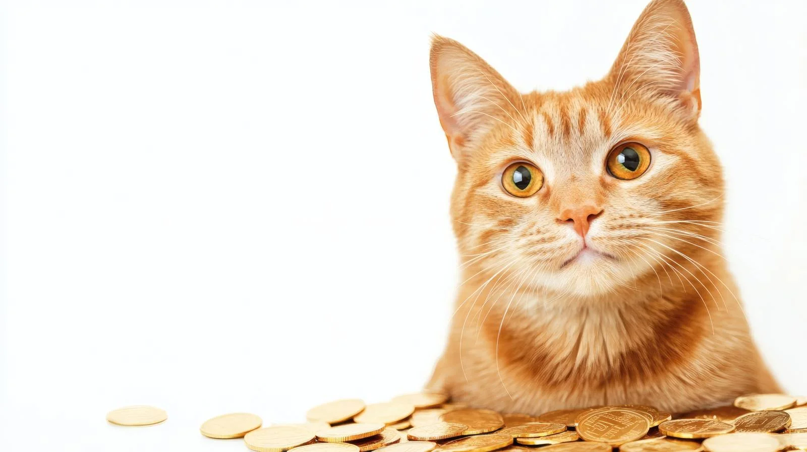 Ginger Cat among Golden Coins on White — free download from Dotvec
