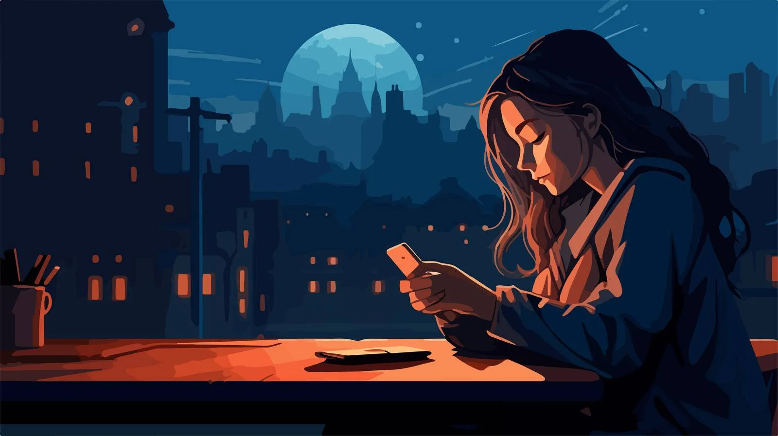 Nighttime serenity: Woman sitting with phone — free download from Dotvec
