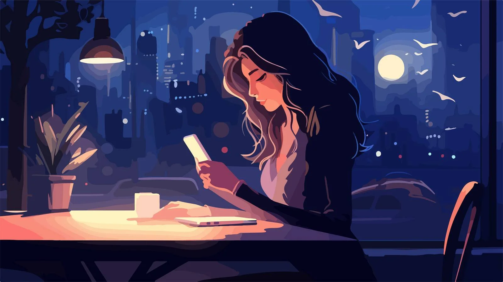 Nighttime rest: Serene Woman on Mobile — free download from Dotvec