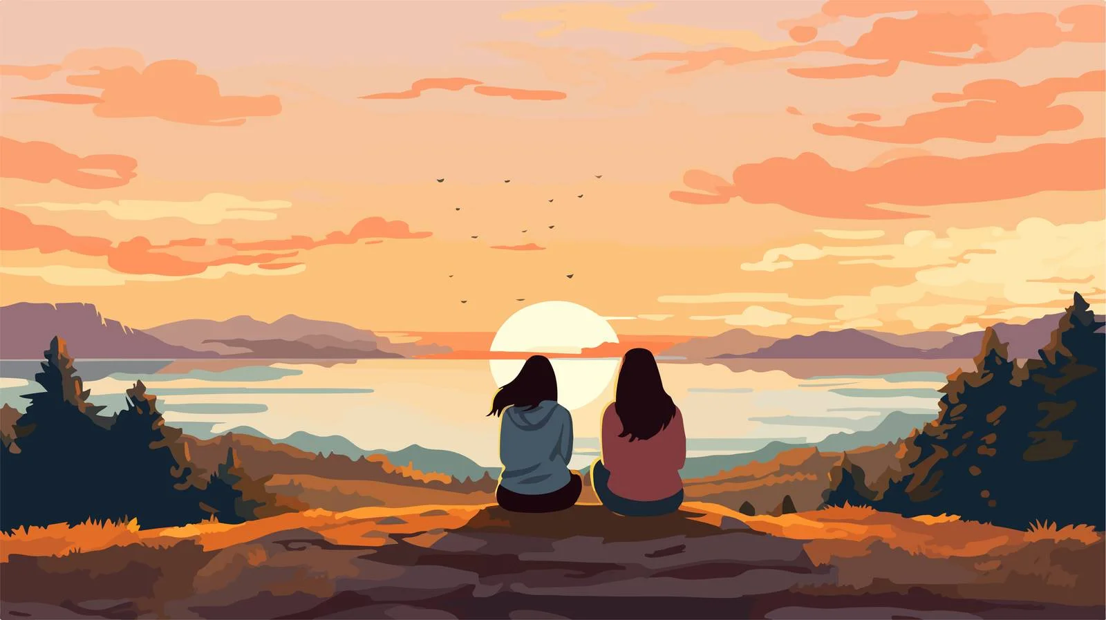 Serene Friends Admiring Sunset in Nature – free admiring image from Dotvec