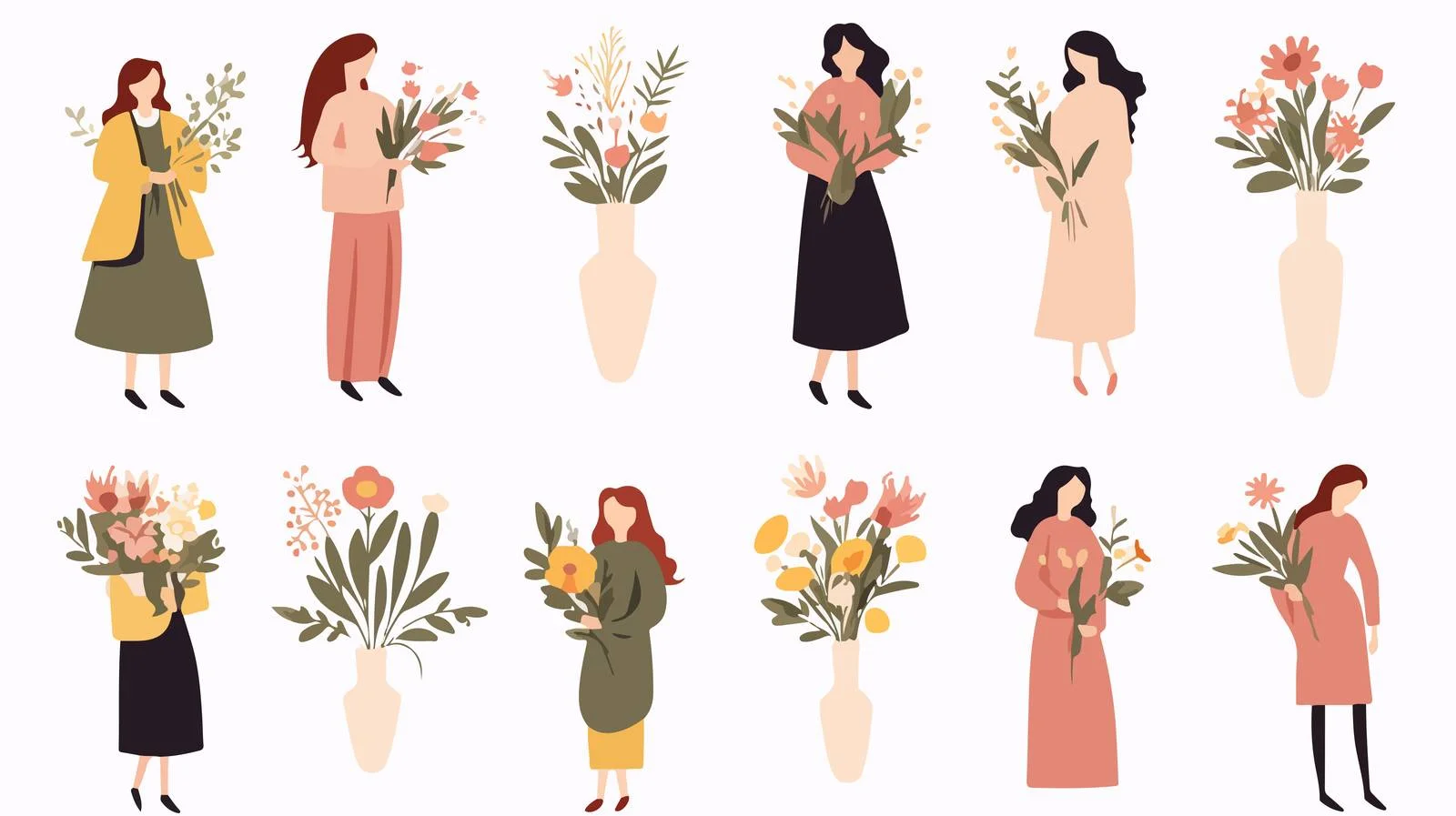 Elegant Girls with Modern Floral Card Set — free download from Dotvec