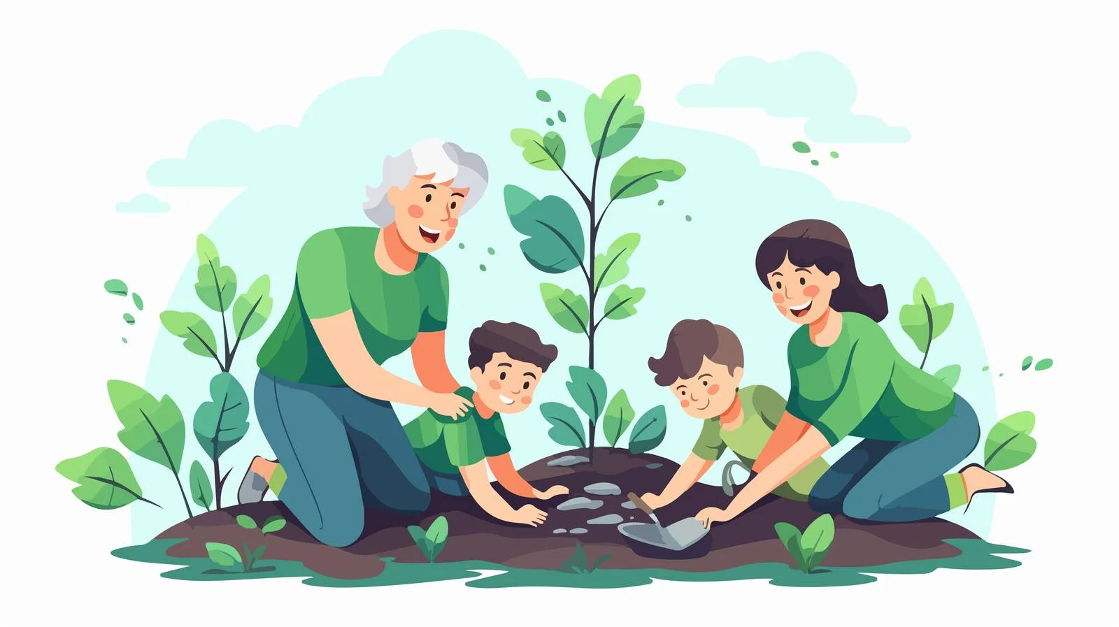 Inter-generational gardening: Grandmother and grandchildren — free download from Dotvec