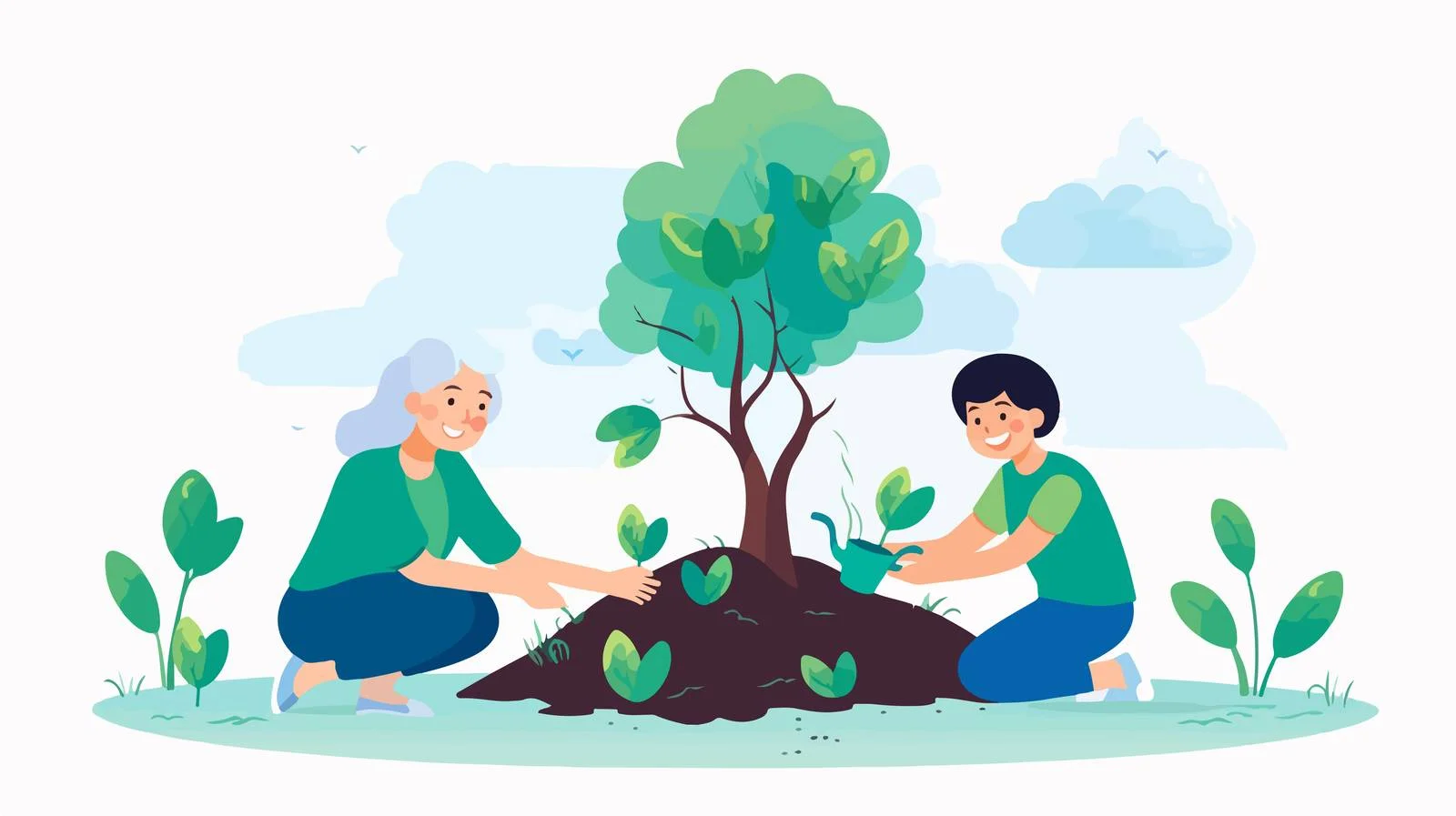 Multigenerational gardening: Grandmother and grandchildren sow seeds together — free download from Dotvec